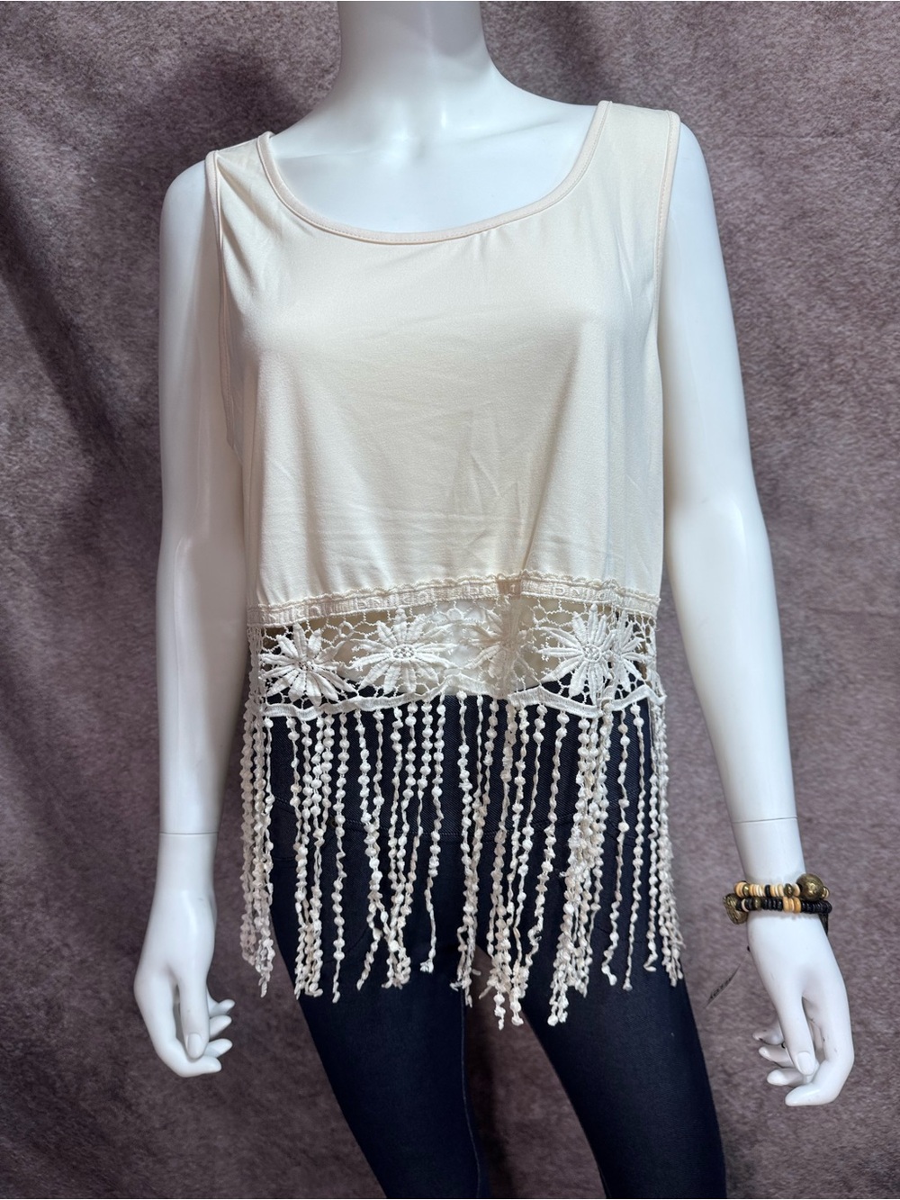 NWOT Women's XL Cream Crochet Fringe Tank Top